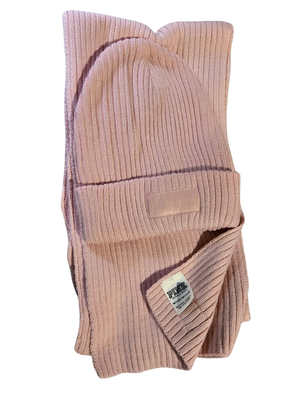 Victoria Secret PINK Pink Ribbed Knit Winter Beanie VS Hat & Scarf Set